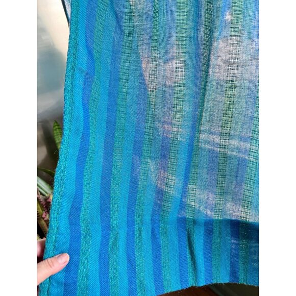 Vintage 70s curtains, peacock blue green stripes, pair of panels - Picture 2 of 7